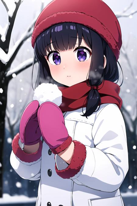 masterpiece, best quality, 1girl, flat chest, outdoors, red scarf, winter coat, winter clothes, white winter hat, snow, snowflakes, pink mittens, snowing, black hair, bangs, l0li,