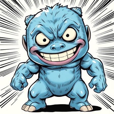masterpiece, high quality, Babo character in Ian McGinty's comic style merged with Chanmen's detailed illustration, light blue Uglydoll body, McGinty's signature dynamic poses with Chanmen's refined linework, expressive comic-style eyes (larger than traditional Uglydoll style), cheerful wide smile with tiny visible teeth, enhanced muscular hero-like body shape while maintaining Uglydoll roundness, bold thick outlines with detailed shading, McGinty's action-oriented perspective, Chanmen's careful attention to texture details, light blue fur texture with subtle highlights and shadows, characteristic stubby arms with added muscle definition, signature belly button detail with enhanced shading, hero-pose stance, comic-book style dynamic lighting effects, slight metallic sheen on blue fur, enhanced expression showing determination and friendliness, bold black ink outlines with gradient effects, subtle cross-hatching in shadow areas, comic panel composition, dramatic foreshortening, action lines suggesting movement, Chanmen's signature smooth color gradients, enhanced proportions maintaining Uglydoll charm, dramatic shadows, high contrast highlights, subtle texture patterns in fur, dynamic background suggestion, slight perspective angle, heroic undertones while keeping cute appeal, modern comic art style fusion