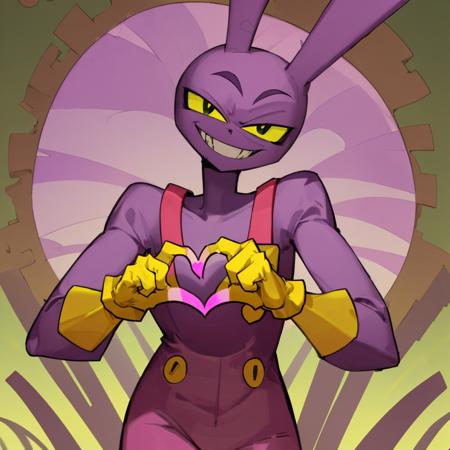 JaxAmazing , yellow gloves, bunny man , purple fur,  grass background , amazing art , evil smile, doing a heart with fingers, yellow gloves <lora:JaxAmazingLora-000009:0.8>