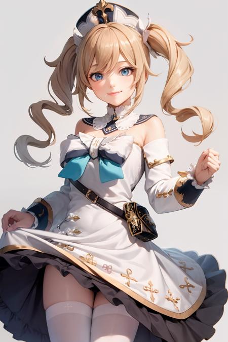 masterpiece, best quality,  <lora:barbara:1>,1girl,smile,, hat,latin cross,blonde hair, long hair,twintails,twin drills, blue eyes,bow,white dress,frilled skirt,detached sleeves, dress cross,white pantyhose,book,belt,grey background,