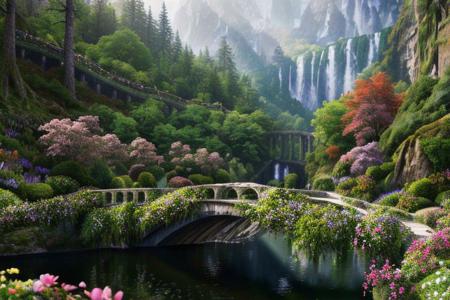 (masterpiece:1.2), (best quality,:1.2), 8k, HDR, ultra detailed, ((photorealistic)), professional light, cinematic lighting, fashion photography, ambient lighting, a HighElf thin tall towers poking upin the woods, waterfall, mountains, cliff, colorful flowers, <lora:HighElf-10:1>, ((perfect hands)), epiCPhoto