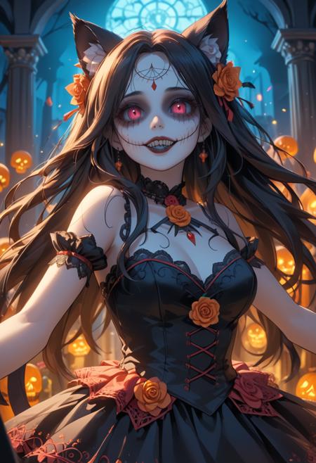 score_9, score_8_up, score_7_up, score_6_up, dynamic, (anime, masterpiece), best quality, (8k), detailed background, sharp focus, intricate, ambient lighting, super high quality, hyper detailed background, cinematic lighting, adult, double tone long hair, mature, Day of the Dead, embedding:zPDXLxxx, spooky, cat ears, beautiful clothing, dress, spreading arms, fiesta, addDetailXl.MLUV, Nyaomi<lora:Nyaomi.safetensors:1.0:1.0> <lora:addDetailXl.MLUV.safetensors:1.0:1.0>
