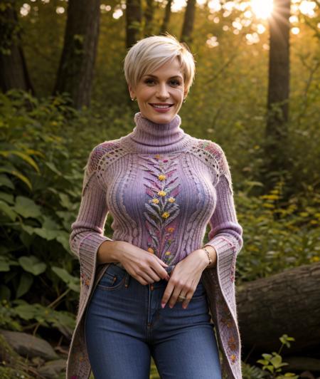 <t2n1v1>, nature, outdoor, Colorful flowers, undergrowth, warm light, sunset, upper body, breast, smile, Cloak, intricate, detailed eyes, jeans, (Knit turtleneck)