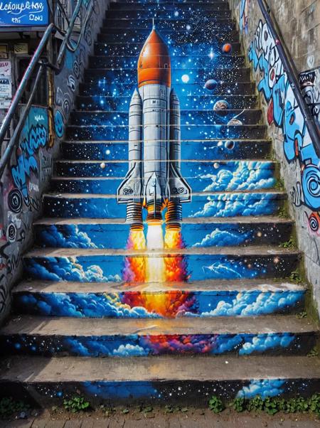 stair-art, stairs,  photo of rocket, <lora:stairart2:1.21>