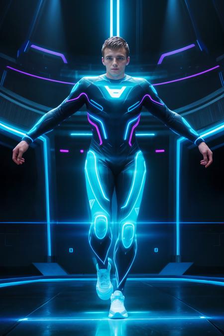 futuristic, neon lighting, (arena stadium in the Tron video game), DaneDekota, wearing a Tron bodysuit, (dynamic pose), masterpiece, ((full body portrait)), photorealistic, wide angle  <lora:DaneDekota:0.8>