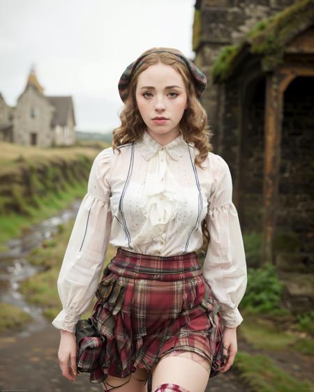 Freya Mavor, a beautiful Scottish woman wearing traditional wears, (masterpiece), (full body), (raw photo), [freckles], detailed eyes, tartan skirt, knee high socks, (extremely detailed CG unity 8k wallpaper) Intricate, Sharp focus, dramatic, photorealistic art <lora:Freya-Mavor-v10:0.7>