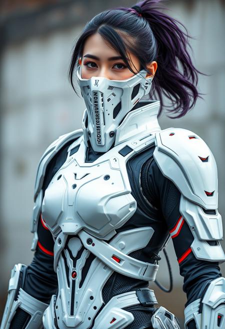 Upper body ,1girl ,beautiful 28 yo girl,dark purple hair, ponytail_hair,messy hair ,((Best quality, 8k, 32k, masterpiece,RAW photo, (realistic, photo-realistic:1.3),best quality,highly detailed,masterpiece,ultra-detailed), cyberpunk white mechanical armor suit , psychedelic military warrior women, (metallic white mask), using dark atmosphere mechanical detail cables and using katana black and red color palette gothic style,, ,blurry background,smile,,(oil shiny skin:1.1), (big_boobs), willowy, chiseled, (hunky:1.6),(perfect anatomy, prefect hand,), 9 head body lenth, dynamic sexy pose, (artistic pose of awoman),(from_below:1.3),