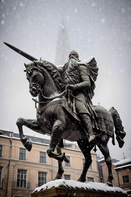 cid statue ,  sword in hand <lora:El cid:0.67>   four paws , snow in the  background ,horse in rampant motion , snowing hard