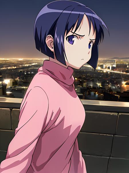 (exceptional, best aesthetic, new, newest, best quality, masterpiece, extremely detailed), 1girl, solo, maeharashinobu, from_side, (looking_at_viewer:1.2), angry, city, city_scape, pink_sweater, night_sky