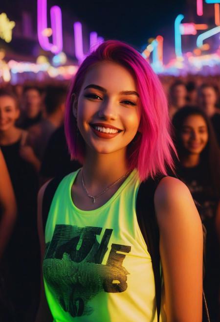 score_9, score_8_up, score_7_up, score_6_up, beautiful 19 year old girl, colored hair, neon lights, rave, rave clothing, crowd, nighttime, dusk, smiling, ultra realistic, big lips, (masterpiece, best quality, highres:1.2), (photorealistic:1.2),