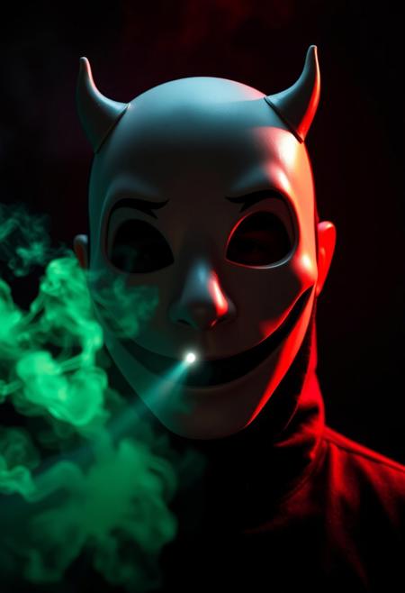A close-up photograph of a man wearing a highrise mask resembling a large, exaggerated smile emoticon, with small, devilish horns subtly emerging from the sides. The mask, devoid of a nose or eyes, evokes a surreal and unsettling vibe. Shot using Panavision aspherical lenses at 40mm, the scene is lit with cinematic studio lights and a soft red, low diffuse light from behind. A narrow spot beam faintly illuminates the area where the mask’s eyes and nose should be, drawing focus to its eerie emptiness. Light greenish fog and white smoke swirl around the figure against a pitch-black background, enhancing the sense of mystery and unease