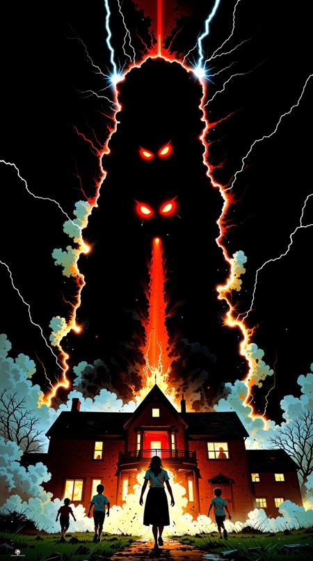 Dynamic action shot of Kathy Lutz carrying her children as they run out of the Amityville house at dawn, drawn in cinematic comic book style (Alex Ross-inspired). The house behind them appears to collapse inward as glowing red eyes fade into darkness. Foreground: swirling mist illuminated by flashlight beams; background: storm clouds crackling with lightning.