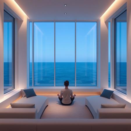 Meditative Space
    - A minimalist interior space with large windows overlooking a calm, blue ocean. The room is decorated in shades of blue and white, with comfortable seating and soft lighting. A person sits in quiet meditation, surrounded by the tranquil beauty of the sea.