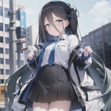 masterpiece, best quality, highres, 1girl, arisu, jacket, white shirt, hairband, necktie, collared shirt, black skirt, halo, blue necktie, <lora:blue_archive_arisu-v1:0.8>