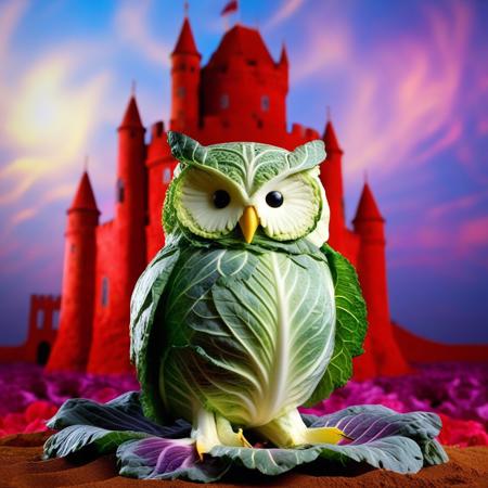 no human, (giant owl made of cabbage over a red castle:1.5), Geometric Pattern Effect: Repeating shapes (tiles, panels) create structured complexity. Color Spectrum Display: Wide range of hues from cool to warm tones.  Reflective Surface Theme: Smooth, light-catching textures evoke motion and depth. Symmetry and Balance: Central alignment with mirrored visual weight. . lazypos, rp_slgd, a surreal owl composed of  obsidian cabbage, wings made of floating cabbage leafs, perched on a red cabbage flower, on top of a red cabbage castle, a kaleidoscope swirling sand sky, glowing purple sand,
, vibrant colors, whimsical design, surreal fantasy, high detail, 4k, strong bokeh