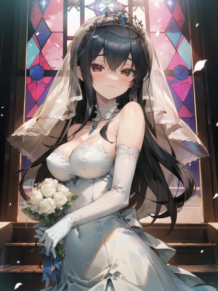 best quality,masterpiece, high res,original, beautiful detailed eyes,ultra-detailed, 1girl, omaezaki yuu, breasts, dress, veil, solo, wedding dress, large breasts, bouquet, bridal veil, smile, flower, gloves, blush, holding, cleavage, tiara, strapless, white dress, white gloves, looking at viewer, strapless dress, bare shoulders, jewelry, holding bouquet, bride, closed mouth, white flower, indoors, hair between eyes, sidelocks, rose, petals, gem, necklace, see-through, detached collar, elbow gloves, stained glass, very long hair, white rose
<lora:omaezakiyuu_v1:0.9>