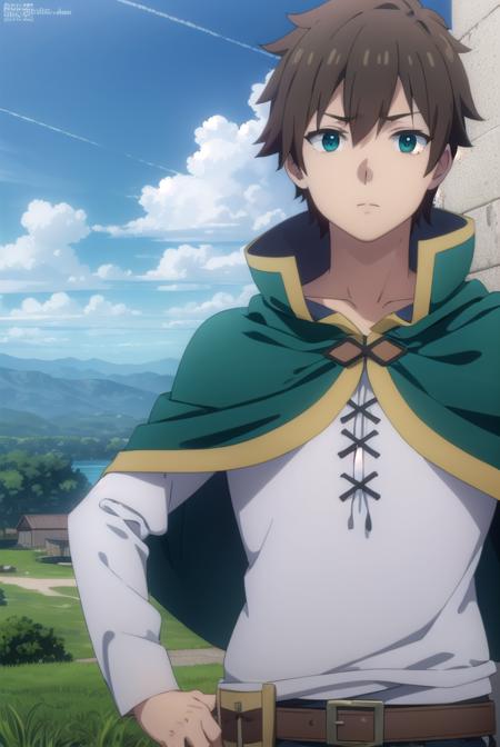 kazumasatou, <lora:kazuma satou movie-lora-nochekaiser:1>, 
kazuma satou, short hair, brown hair, (green eyes:1.3), male focus,
BREAK shirt, long sleeves, white shirt, belt, pants, capelet, brown belt,
BREAK outdoor, forest, nature, trees, village, sky, sun, clouds,
BREAK looking at viewer, (cowboy shot:1.5),
BREAK <lyco:GoodHands-beta2:1>, (masterpiece:1.2), best quality, high resolution, unity 8k wallpaper, (illustration:0.8), (beautiful detailed eyes:1.6), extremely detailed face, perfect lighting, extremely detailed CG, (perfect hands, perfect anatomy),