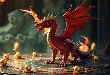 Create a highly detailed, 8K, cinematic image of a scarlet emerald dragon on a table, inspired by Ken Sugimori and Edward P. Beard's Dungeons and Dragon style, with golden orbs and a criminal mugshot aesthetic, as if taken from an Ebay listing thumbnail. The dragon should be standing triumphantly and proudly in a Dark Dragon Ritual summoning circle, with a 1:1:1:1 ratio, golden ratio, and hyper-realistic details reminiscent of Alphonse Mucha's and Artgerm's art styles. Incorporate luxurious, ornate, and dramatic elements with top lighting, HDR, and an Unreal Engine 5 render.