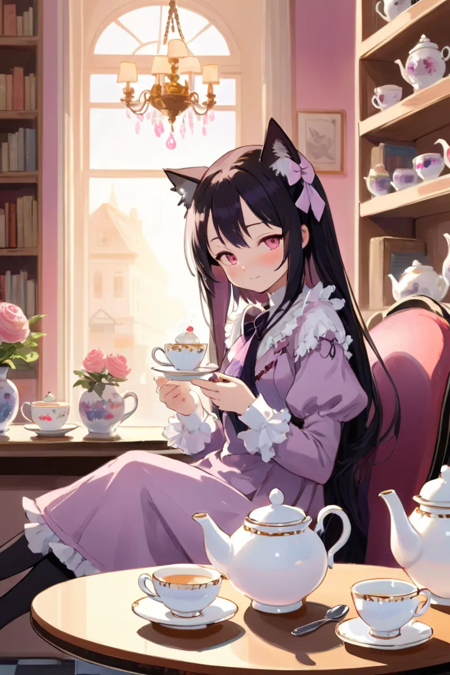 Illustration of Homura Akemi from Madoka Magica enjoying a delightful afternoon tea at a charming caf. Dressed in her iconic magical girl outfit, Homura gracefully holds a porcelain teacup, delicately sipping the steaming aromatic tea. The table is adorned with a lovely floral tea set, featuring elegant teapots and dainty teacups, as well as an array of delectable pastries and finger sandwiches. Sunlight filters through the window, casting a warm glow on the scene, while a plush cat rests lazily on a nearby cushion. In the background, amidst shelves lined with books and vintage teacups, an elegant chandelier lends a touch of timeless charm to the cozy ambiance.