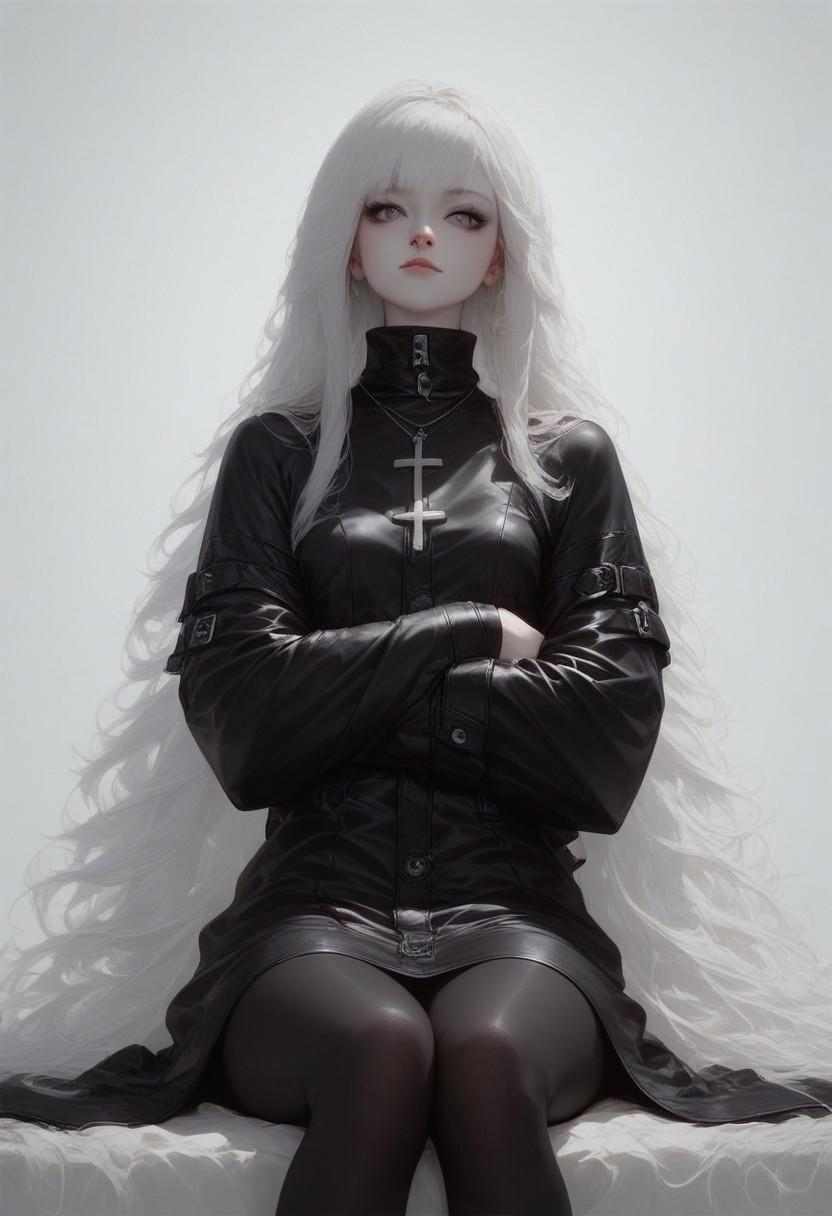 score_9, score_8_up, score_7_up, score_6_up, 1girl, 30 years old, studio photo, gray eyes, white hair, long hair, white pale skin, huge cross necklace, oversized clothes, black straitjacket, black clothes, leather clothes, long clothes, black leggings, sitting, skinny body, low fat body, small breasts, cinematic lighting, realistic style, proportional body,