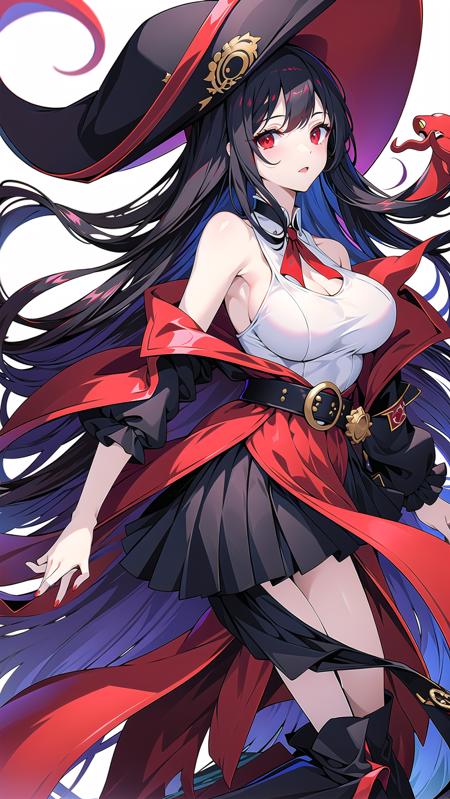 masterpiece, best quality,royalfortune(azur lane), 1girl, red eyes, tentacles, torn clothes, pantyhose, breasts, black hair, red skirt, book, jacket, solo, skirt, black jacket, torn pantyhose, boots, sleeveless, white shirt, shirt, long hair, standing, looking at viewer, hat, open clothes, bare shoulders, black pantyhose, full body, black headwear, belt, open jacket, off shoulder, high heels, pirate hat, <lora:RoyalFortune-000007:0.8>  <lora:GoodHands-vanilla:1>, scenery, background,