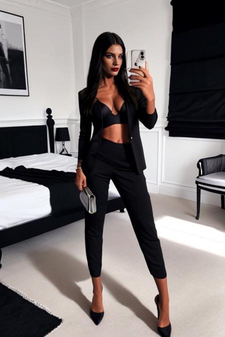 <lora:rudev_Chic:0.7>, sport chic,  woman taking selfies, black suit, black shoes, décolletage, long hair, bedroom in background, real lighting, real shadows