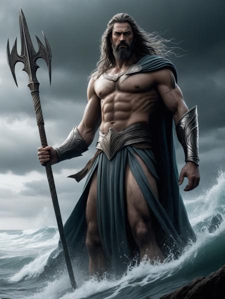 Horror-themed , magazine cover in style of luis royo, (full body:1.8), (from below:3.5),(in medium distance:1.8), 
Poseidon and ruler of the seas and oceans a mighty bearded man with long flowing hair, imposing physique and radiating authority, he wears a royal robe and is half bare to symbolize his connection to the sea and its waves, his eyes are intense and penetrating, is a majestic presence and surrounded with a menacing charisma, holds a trident in his right hand,
 masterpiece, high resolution, HD, 8k, best quality, intricate details,
 <lora:add-detail-xl:1.8>, Ultra-HD-details, true to life, HDR image, High detail resolution, high detailed cloth, cinematic lighting, realistic, sharp focus, (very detailed), ((4K HQ)), depth of field, f/1.2, Leica, 8K HDR, High contrast, bokeh, realistic shadows, vignette, epic, . Eerie, unsettling, dark, spooky, suspenseful, grim, highly detailed, darkness, midnight, Extremely high-resolution details, fine texture