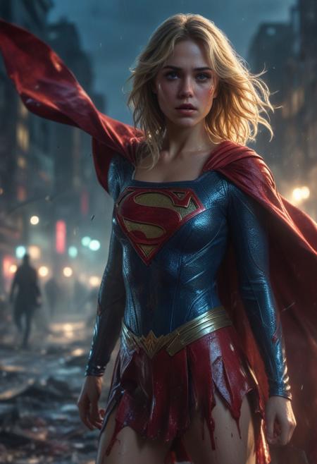 High resolution ultra-realistic of Beautiful bloody Supergirl fighting against alien invasion, cinematic style, standing on a bloody and stormy battle in a destroyed city in a fighting pose, bloody and dirty, realistic blue combat costume, red mini skirt, red cape, perfect athletic figure, wavy blonde hair, handsome bloody face, beautiful perfect detailed pupils, wet oily shiny skin, covered in dirty and blood, beautiful firm Breasts, defiant and seductive, attractive 21 year old Supergirl, 8k resolution concept art portrait by Greg Rutkowski, Kiernan Shipka, Dark Gotham City, Artgerm, WLOP, Alphonse Mucha, dynamic lighting, hyperdetailed, intricately detailed, Splash art trending on Artstation triadic colors, Unreal Engine, 5 volumetric lighting, Cinematic Lighting, intricate, smooth, sharp focus digital painting, Asymmetrical Balance, realistic eyes, ultra detailed atmospheric details, sparkle effects, realistic body proportions, beautiful body Supergirl proportions, complex masterpiece, dramatic atmosphere