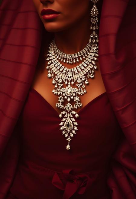lavish opulent jewelry, designer heels, and opulent fabrics, diamond necklaces and diamond earrings on a backdrop of dark browns and pale-mauves, textured overlays and heavy film grain