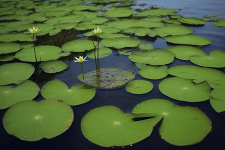score_9, score_8_up, score_7_up, masterpiece, highest quality, Seen from halve underwater and halve above water a lily pad is flowering, under the water fish swim around the stalk and reeds sway in northwestern wind, while the water ripples from the same northwestern wind and the sun rays  produce a rainbow in the air