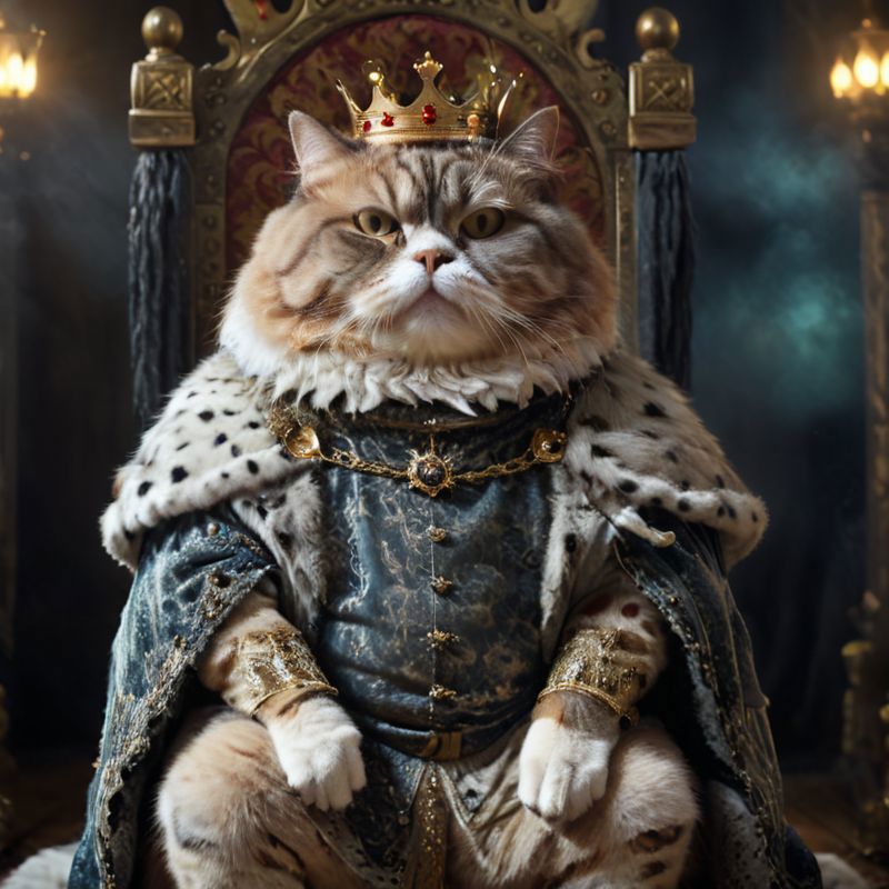 A cat dressed as a King sits on a throne.