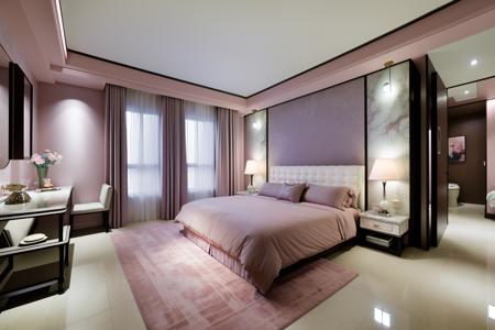 <lora:JJsBedroom:.7>((best quality)),((masterpiece)),((realistic)), , photorealistic, sky, dslr, RAW photo ,authentic, soft lighting,film grain, Fujifilm XT3 , (((Bedroom))) ,indoor scenery, reflection ,wall ,rug , lamp, flower, vase , ,ceiling , plant, window , curtain,  marble floor, ceiling light,petals  on bed,pink,