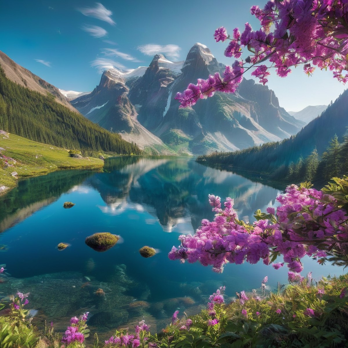a cinematic shot of a stunning view over a lake with reflective water, beautiful flowers and mountains in background, HD, ...