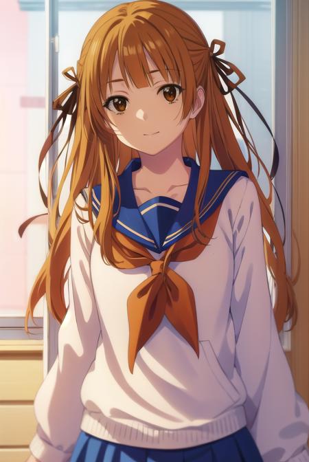 akemisumizome, <lora:akemi sumizome s1-lora-nochekaiser:1>,
akemi sumizome, long hair, orange hair, (brown eyes:1.7), ribbon, hair ribbon, bangs, blunt bangs, hime cut, smile,
BREAK skirt, school uniform, serafuku, blue sailor collar, shirt, white shirt, long sleeves, blue skirt, neckerchief, red neckerchief,
BREAK indoors, classroom,
BREAK looking at viewer, (cowboy shot:1.5),
BREAK <lyco:GoodHands-beta2:1>, (masterpiece:1.2), best quality, high resolution, unity 8k wallpaper, (illustration:0.8), (beautiful detailed eyes:1.6), extremely detailed face, perfect lighting, extremely detailed CG, (perfect hands, perfect anatomy),