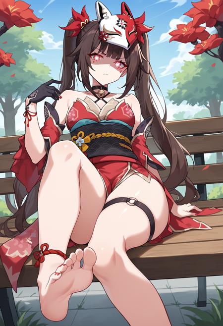 glowing eyes, flower-shaped pupils, shisparkle, long hair, bangs, brown hair, hair ornament, red eyes, mole under eye, bare shoulders, twintails, hair ribbon, choker, detached sleeves, fox mask, mask on head, red dress, red kimono, bell, obi, sash, single glove, black gloves, tattoo, red nails, thighs, thigh strap, sandals, sparkuni, long hair, bangs, black hair, hair ornament, glowing eyes, flower-shaped pupils, school uniform, white shirt, pleated skirt, open shirt, blue jacket, black skirt, glasses,