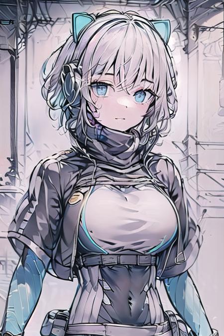 ((masterpiece)), best quality, (ultra-detailed:1.2), ((illustration)),
 (disheveled hair),,1girl,icey,silver hair ,blue eyes,headphones, messy hair, short hair,medium breasts,factory, machinery, electricity, blue lightning,blue energy, (upper body),