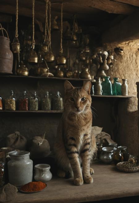 cinematic still frame, close-up of a (large cat sitting upright:1.3) on the counter of a medieval market stand, shelves with clay pots and jars, bags of spices, colored glass bottles, oil lamps, herbs hanging from the ceiling, bag of medieval coins lying on the counter, highly detailed, warm natural light, style of game of thrones