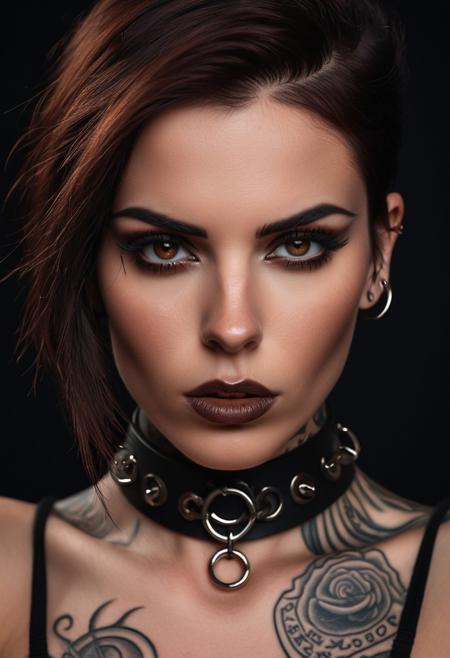 A striking close-up portrait of a tattooed woman with a captivating, 
intense gaze. Her dark, 
chestnut hair cascades around her face, 
accentuating her expressive eyes, 
well-defined eyebrows, 
and full lips. The warm, 
smooth skin of her face contrasts with the dark background, 
creating a dramatic and mysterious effect. Intricate tattoos adorn her arms and chest, 
adding to her bold and edgy appearance. A sleek black leather choker with metal elements encircles her neck, 
highlighting her strong facial features. The directional lighting accentuates her facial expressions and the gleam in her eyes, 
while the glamour photography style captures her allure. The overall composition embodies alternative aesthetics, 
making this an unforgettable and mesmerizing image.