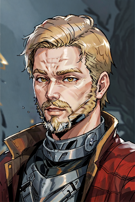 Star_Lord, solo, short hair, blonde hair, 1boy, closed mouth, upper body, male focus, blurry, blurry background, facial hair, portrait, beard, mature male, realistic<lora:StarLordV2:0.8>