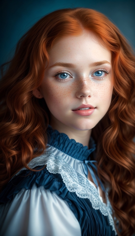 dutch Girl, full body potrait of a photorealistic beautiful redhead seductress, middlelong ginger dyed hair, framed by a halo of bouncy, voluminous curls, spiraling ringlets, voluminous curls, light blue eyes, angry eyes, dim lit, 8k uhd, soft lighting, intricate details, petite well-proportioned nose, Oval face shape, full well-defined lips, subtle freckles, high resolution, ultra quality, Global illumination, real hair movement, realistic light, realistic shadow, light makeup