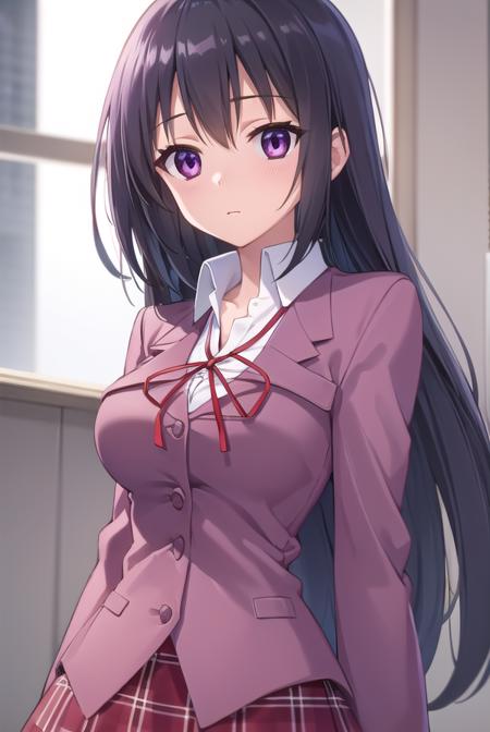 chizuruakaba, <lora:chizuru akaba s2-lora-nochekaiser:1>,
chizuru akaba, long hair, black hair, (purple eyes:1.1),
BREAK skirt, school uniform, plaid, plaid skirt, shirt, white shirt, collared shirt, jacket, long sleeves, black jacket,
BREAK indoors, classroom,
BREAK looking at viewer, (cowboy shot:1.5),
BREAK <lyco:GoodHands-beta2:1>, (masterpiece:1.2), best quality, high resolution, unity 8k wallpaper, (illustration:0.8), (beautiful detailed eyes:1.6), extremely detailed face, perfect lighting, extremely detailed CG, (perfect hands, perfect anatomy),