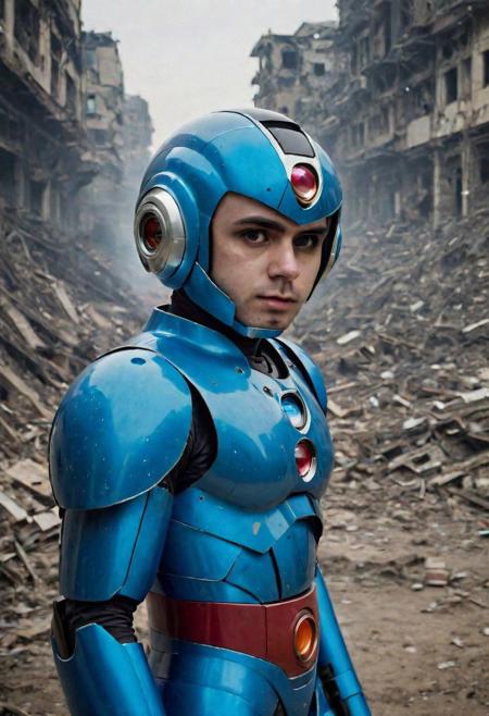 Portrait Photo of a ((blue gelatine megaman:1.7)), who is standing looking at how his city has been destroyed by a nuclear bomb. He has just arrived at the disaster and observes the horror of the destruction, ruined buildings full of smoke and flames, ground full of rubble with skeletons lying around In the dawn light floods the scene, the man is completely dressed in normal clothes and wet, he is dirty, everything is a disaster, the sky is cloudy and it is raining,(beautiful face:1.6), Fujifilm XT3,film still,film grain,cinematic,soldier accessories,war style, professional photo,best quality and best aesthetic,Award-winning artistic photos,Outdoors,public places,( detailed in background:1.6)Perfil,18-20 (dirty:1.8)