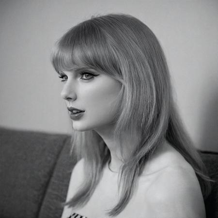 professional photographie of of taylor swift, <lora:TaylorSwift_SDXL_FULLB16:0.93> eyeliner, eyeshadow, long eyelashes, mascara, red lips, long blonde hair with fringe,   shot on Tri-X 400 overcast lighting, on the couch, side profile, Early Afternoon , DINING POSES T-shirt,