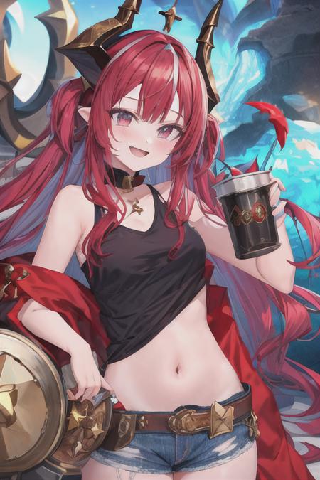 saya,looking at viewer, goggles on head, dragon girl, small breasts, white and crimson bangs, long crimson hair, short height, dragon tail, dragon horns, solo, 1girl, ((smiling, holding a cup, jeans, tshirt)), <lora:add_detail:0.7> <lora:Saya-PC:0.9>