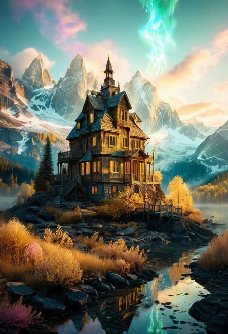 (by Ellen Jewett:1.5), ((gold Bioluminescent Impressionism: 1.8), The Dreamland), their peaks veiled in mist. mixed media, surrealism, great lighting, A surreal landscape highly detailed . extremely high-resolution details,  appears trapped in an optical illusion of reflections and refractions colorful , luxurious mountain cabin, ice and snow, professional photography, natural lighting, volumetric lighting maximalist. intricately detailed, complex, elegant, expansive, fantastical, film photography style,  medium grain,  <lora:MJ52:0.3>  <lora:SDXLFaeTastic2400:0.4>  <lora:EpicF4nta5yXL:0.7>.ethereal landscapes, depth of field, biotech emotion:1.3) <lora:xl_more_art-full_v1:0.5> <lora:add-detail-xl:1> <lora:RMSDXL_Creative:2>