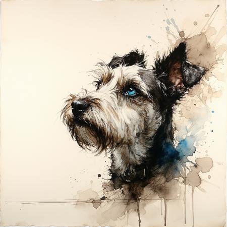 Ink art, watercolour sketch: Extreme low-angle, scruffy ink-stained terrier yearning upward. Hopeful cerulean blue eyes, focal point, gaze into parchment-textured void, subtle watercolour washes. Arthur Rackham's intricate ink, Egon Schiele's expressive contours; delicate cross-hatching, bleeding washes. Monochromatic sepia, charcoal. Subtle chiaroscuro on rough fibrous paper. Poignant longing; faint ink splatters, abstract watercolour wisps hint at unseen sky.