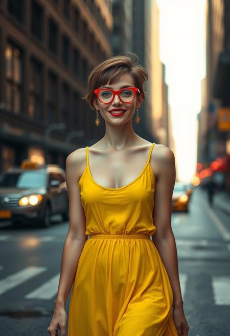A photorealistic image of a petite woman walking confidently down a gritty New York City street, shot with a long telephoto lens that creates a beautifully compressed background and glowing bokeh from city lights and taxis. She is wearing a short, sleeveless yellow vintage-inspired dress with a deep scoop neckline. The fabric is semi-sheer, lightweight, and slightly translucent in the sunlight, with soft flowing movement around her hips and thighs.
She has fair skin, a joyful expression, bright red cat-eye glasses, short tousled auburn hair, and deep red lipstick. Her earrings are retro gold dangles that catch the light. The background is darker, with a moody urban atmosphere — blurred buildings, asphalt, yellow cabs — making her stand out vividly as a colorful, dreamy figure in the middle of the street. The lighting is natural with high contrast and a golden undertone.
Style Attributes:
	•	Style: Photorealism, fashion editorial, cinematic street style
	•	Lens Effect: Long lens compression, shallow depth of field, rich background bokeh
	•	Lighting: Soft sunlight, warm tones, high contrast
	•	Mood: Dreamlike, confident, surreal retro charm
	•	Inspiration: New York street photography meets vintage fashion fantasy