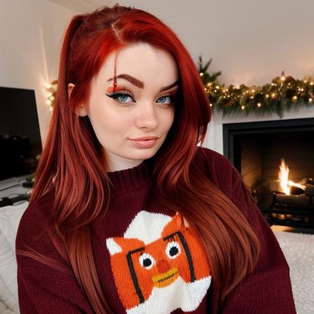 <lora:proxyfoxlol_sd15_512_128_64_v1:1>proxyfoxlol, 1girl red hair, wearing christmas sweater, christmas decoration in background, lit fireplace in background