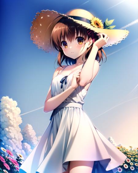 ((masterpiece)), ((best quality)), ((highres)), ((extremely detailed CG unity 8k wallpaper)), solo, modest breasts, <lora:furukawa nagisa:1>, furukawa nagisa, white sundress, sun hat, flower field, sunny