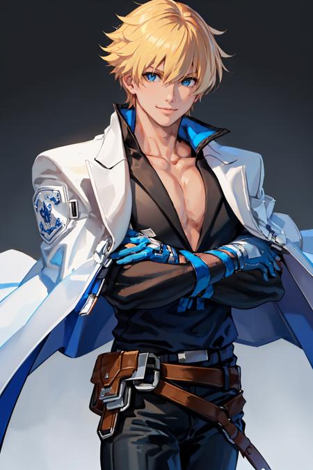 ggkykiske white jacket jacket on shoulders blue gloves black pants belt collarbone pectorals